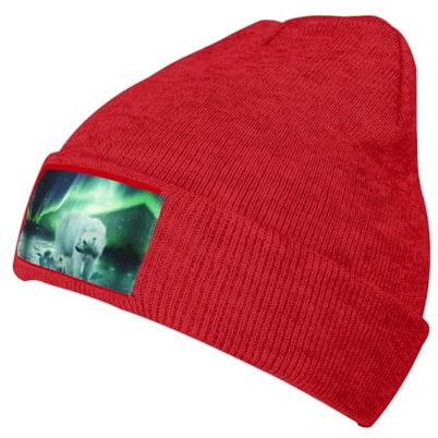 OdDdot Northern Lights Mütze mit Eisbär-Aufdruck, Wintermütze, Strickmütze, Herrenmütze, randlose Mütze, Skater-Mütze, rot, One size