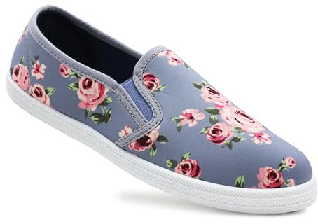 Dr Keller Womens Floral Canvas Slip On Plimsolls Flat Pumps Casual Loafer Trainers (Blue Floral, UK Footwear Size System, Adult, Women, Numeric, Medium, 3)
