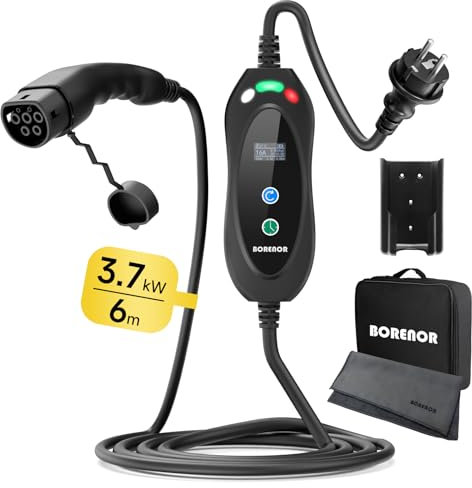 BORENOR 3.7KW Chargeur Voiture Electrique,EV Chargeur Type 2,8/10/13/16A Courant Commutable avec Affichage,Charge Temporisée,Câble Recharge Véhicule Electrique Rapide,Cable Charge Voiture avec Sac(6M)