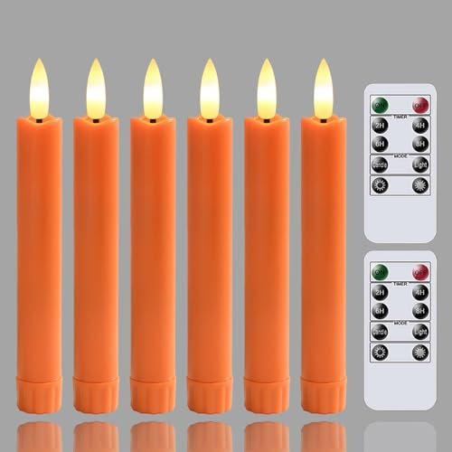 Yeelida Orange Flameless LED Taper Candles with Remote Control, 0.78x 6.4 Long Lasting Plastic Battery Operated Flickering Short Window Candlesticks for Halloween Festival Decoration, Pack of 6