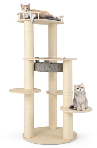 COSTWAY 6-stöckiger Kratzbaum Holz, Katzenbaum mit Hängematte & 4 Liegeflächen & 3 Kratzsäulen, Katzenkratzbaum Groß, Katzen Katzenmöbel, Kletterbaum Aktivitätsbaum Spielbaum, Grau+Natur, 66x66x150cm