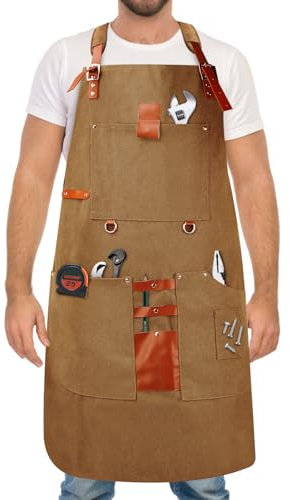 HISUEKIG Grembiule saldatore professionale in pelle uomo con 8 tasche, grembiule cucina, grembiule barbecue, per uomini e donne, cinghie incrociate regolabili per parrucchiere