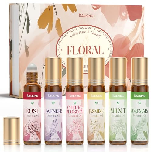SALKING Aufrollen Ätherische Öle Set, Aromatherapie Blume Roll On Duftöl GeschenkSet, Duftöle für Diffuser Luftbefeuchter,6x10 ml Rose, Lavendel, Kirschblüte, Jasmin, Minze, Rosmarin