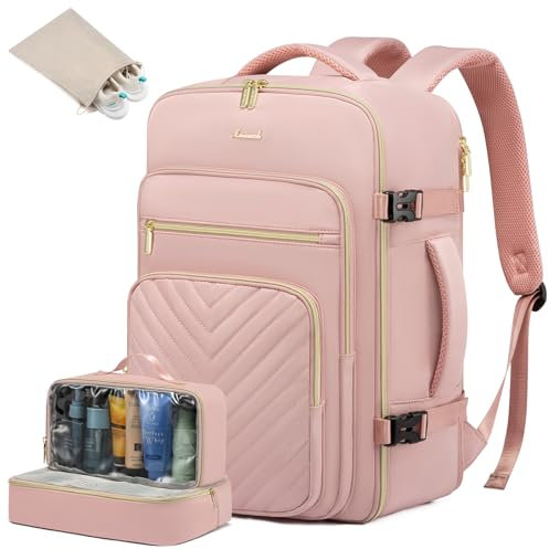 LOVEVOOK Travel Backpack Cabin Size for Women, 40L Carry On Backpacks for Airplanes, Waterproof 17.3 Inch Laptop Rucksack Bag, Flight Approved Ryanair Easyjet 45x36x20 Underseat Cabin Bags, Pink