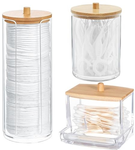 YTUGIL 3Pack Cotton Pad Holder,Cotton Swab Box/Cotton Pad Holder/Cotton Ball Holder,Bathroom Dispensing Jar,Cotton Pad Cosmetic Storage Box With Bamboo Lid