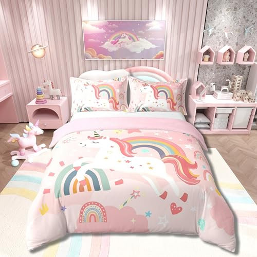 Loussiesd Einhorn Bettwäsche Set 135x200cm Mädchen Niedliche Regenbogen Einhorn Bettbezug Für Kinder Betten Cartoon Rosa Stern Traumhaft Bettwäsche-Set Weich Atmungsaktiv