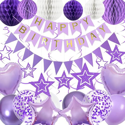 Aurmonigo Purple Birthday Decorations Set - 64Pcs Happy Birthday Banner Bunting Honeycomb Balls Hanging Double Spirals, Heart Foil Balloons Star Decoration for Girls and Women Birthday Party