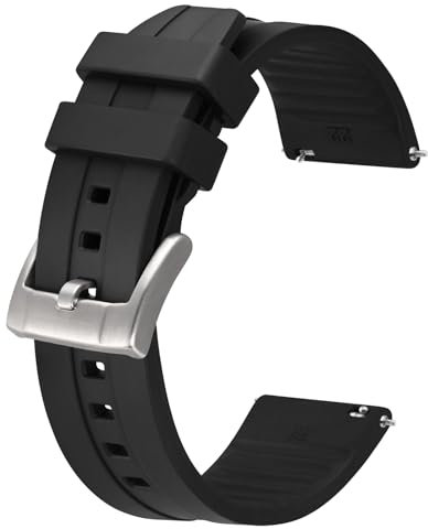 BISONSTRAP Klassisches Uhrenarmband 24mm, Fluorkautschuk (FKM) Gummi Armband, Uhren-Ersatzarmbänder für Herren und Damen, Robuster Verschluss, Schwarz (Silberne Schnalle)