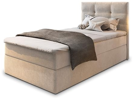 Masseno Boxspringbett GLOS 100 100x200 cm Komplett-Set mit Matratze und Topper, Polsterbett mit Zwei Bettkästen -Beige, Cosmic 10