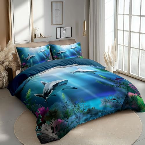 Bettwäsche 135 x 200 cm Tiere Hai Unter Wasser Bettwäsche-Sets mit Reißverschluss Blaugrün Reversible Bettbezug Weich Mikrofaser Bettbezug Set mit Kissenbezug Für Kinder Erwachsener