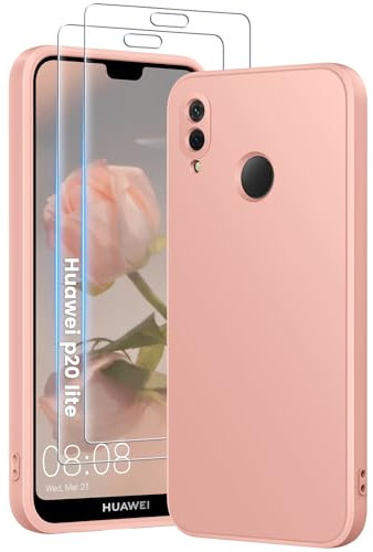PuyaTeya 3 in 1 Hülle für Huawei p20 lite, mit 2 Stück 9H Panzerglas Premium Liquid Silikon Hülle, mit 4-Layer stoßfeste abriebfestes, Soft Mikrofaserfutter Kratzfes Schutzhülle (Rose)
