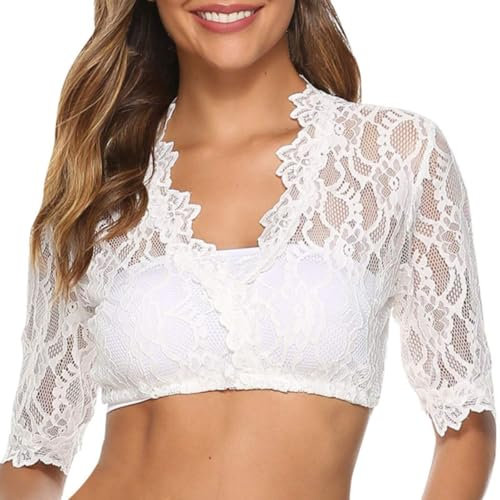 Women's Oktoberfest Blouse, Sexy Lace 3/4 Sleeves Crop Tops, Short Sleeve Mesh Sheer German Beer Blouses for Rave Party, Oktoberfest Costume Traditional Dirndl Blouse Shirt Cropped White Shirts