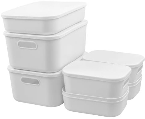 MaxEarn 9Pcs 4 Sizes Plastic Storage Boxes with Lids, 15L & 8L & 6L & 4L Stackable Storage Baskets with Handles, Cupboard Organiser, White Organizer Containers for Bathroom, Office, Living Room