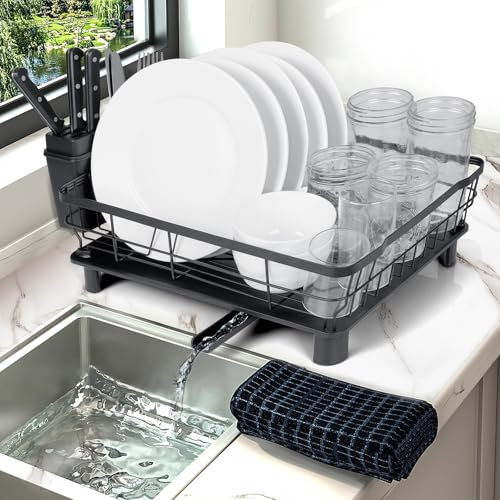 VINATO Escurreplatos Negro para Fregadero – Escurridor de Platos con Bandeja Extraíble, Organizador de Cocina 360° Drenaje, Acero al Carbono & Plástico Antideslizante
