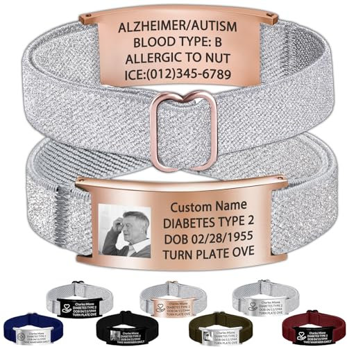 Xsersao Personalisiertes Medizinisches Armband für Männer und Frauen, Graviert Personalisiert Text Medizinische Notfall-Alarm-Armband, Verstellbares Band, Für Handgelenke Von 11–21 cm, Grau
