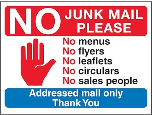 V Safety Stop Hand Symbole : No Junk Mail Please, No Menus... 150 x 100 mm – 3 mm Panneau de sécurité composite en aluminium brossé
