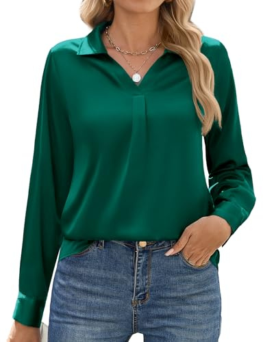 Zeagoo Satin Bluse Damen Langarmshirt Elegant V-Ausschnitt Hemdbluse Seiden Langarm Oberteile Einfarbig Arbeit Shirt