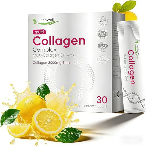 EneriWell Multi Collagen 5X Max, Dietary Supplement - Lemon Flavor Drink, 30 Packets Peptides, Marine Collagen Liquid Sachets, Halal Hydrolysed with Vitamin C for Healthy Hair, Skin, Nails and Joints