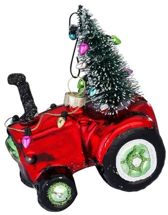 Christbaumschmuck Glas 10cm - Traktor mit Tanne Figur zum Aufhängen - handbemalt - Weihnachtsbaum Anhänger für Weihnachten - Christbaumanhänger & Weihnachtsbaumschmuck - Bauernhof Fahrzeuge Rot