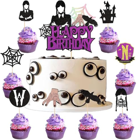 ROKZELT 17 Stück Wednesday Tortendeko, Kuchen Deko Wednesday, Wednesday Geburtstag, Wednesday Deko, Cake Topper, Tortenaufleger Wednesday, Happy Birthday Kuchen Deko, für Geburtstag Party