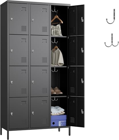 LOCENHU Metallschrank für Mitarbeiter, Schrank Spind Spint Schließfachschrank Metallschrank mit 12 Fächern/12 Haken/Etikettenhalter/Lüftungsschlitze/Metall Pulverbeschichtet 183X90X40CM, Schwarz