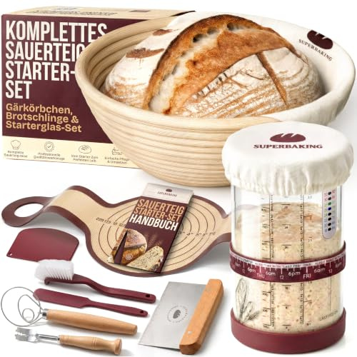 Superbaking Sauerteig Starter Set 14-tlg., Gärkörbchen rund, Sauerteig Glas | Komplettset mit Brotschlinge, Gärkorb Brot Backen Zubehör, Rattan Brotkörbchen 23 cm, Sauerteig Zubehör für Sauerteigbrot
