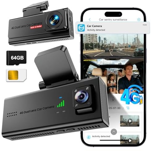 4G LTE Dashcam Auto mit SIM Karte, Parküberwachung 24/7, Fern-Live-Ansicht | Auto Überwachungskamera mit AI Radar Bewegungsalarm & G-Sensor, App-Alarm, 2-Wege-Audio, GPS, für Familien, Taxi, Fahrdienste