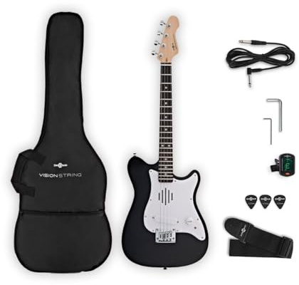 VISIONSTRING 4-Saitige Mini E-Gitarre – Kindergitarre 1/2-Größe mit Eingebautem Lautsprecher – Schwarz