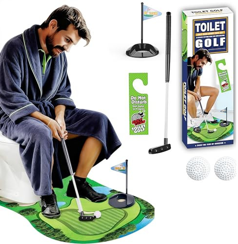 RARITYLL Ensemble de jeu de golf pour toilettes – Tapis de golf d'intérieur avec putter rétractable, cadeaux amusants pour homme, papa, petit ami, adultes et enfants, mini pratique de golf pour la