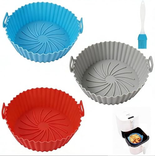 Conjunto de 3 Moldes de Silicona Reutilizables para Freidora de Aire, Molde Silicona Freidora de Aire, Moldes Silicona Air Fryer, Recipiente Air Fryer, Aptos para Microondas, Hornos y Vaporeras