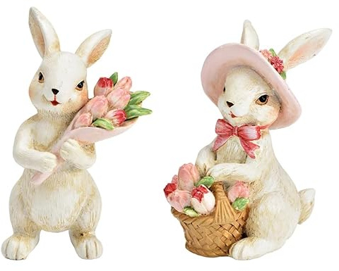 Logbuch-Verlag Hasen Dekofigur 2er Set Weiß mit Korb & Tulpenstrauß aus Poly 7x12x6 cm Osterdeko Frühling Vintage Dekofiguren