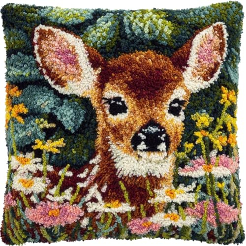 ZUHK Latch Hook Kit DIY Throw Pillow Cover Sofa Cushion Cover,fit for Arts Pillow Making Sofa Cushion Cover for Home Decoration-43x43cm (Deer)