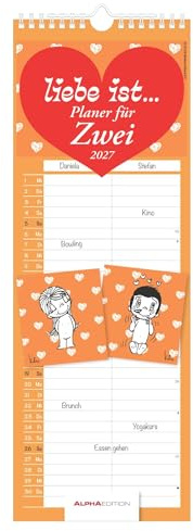 Liebe ist... Planer für Zwei 2027: Partnerkalender 15x42 cm mit 2 Spalten, süßen Illustrationen & Schulferien (DE/CH/AT) - ideal für Paare & gemeinsame Alltagsplanung