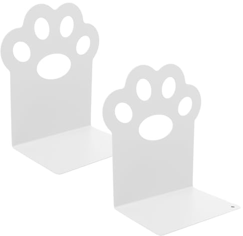 SHERCHPRY 1 Pair Metal Book Ends with Elegant Cat Claw Design, Sturdy Iron Desktop Book Organizer, Stable and Firm Clip, for Bookshelves and Offices, White Finish