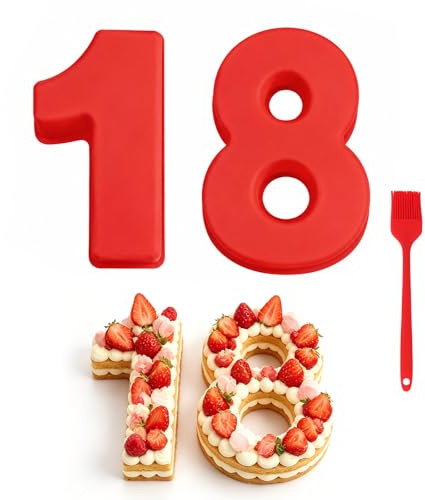 Velicber Silikon Kuchenform Zahlen, 18 Number Cake Backform, 10 Zoll Rot | Zahlen Backformen Groß, 3D Silikon Backform Zahlen, mit Silikonbürste, Wiederverwendbare Zahlenform, für Geburtstag & Party