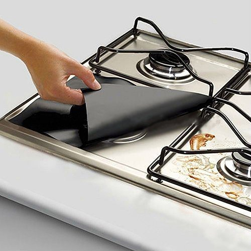 Gemini_mall® 4PCS Black Gas Hob Protector Liner Sheets Reusable Non Stick Lining Clean (Black)