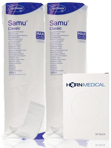 2x 10 Hartmann Samu Classic Wöchnerinnenvorlagen MAXI im Set mit Horn Medical Kunststoff Hygienebeuteln