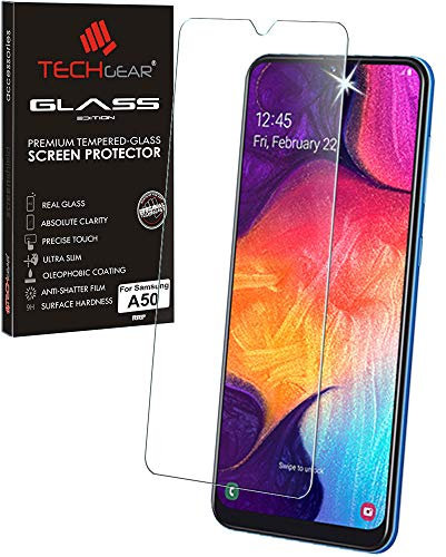 TECHGEAR Glass Edition Kompatibel mit Samsung Galaxy A50, glas Displayschutzfolie Cover [2.5D Round Edge] [9H Härte] [Kristallklarheit] [Kratzfest] [Keine Blasen]
