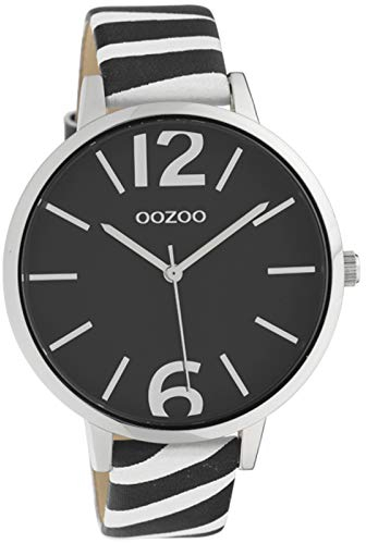 Oozoo Damenuhr mit Zebra Look Lederband Animal Print Colors of Africa 43 MM Schwarz Weiß C10214