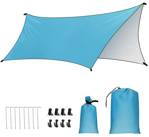 Tenda Parasole da Campeggio, GROOFOO 3x4.45M Telone da Campeggio Portatile Impermeabile Protezione dai Raggi UV Tenda da Sole Riparo Antipioggia per Picnic Spiaggia Amaca All'aperto(Blu)