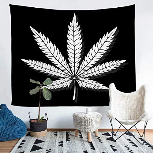 Loussiesd Marihuana Leaf Wandteppich 148x200cm Cannabisblätter Wandbehang Marihuana Weed Leaf Drucken Wandteppich für Männer Erwachsene Wandkunst Schwarz White Leaf Muster