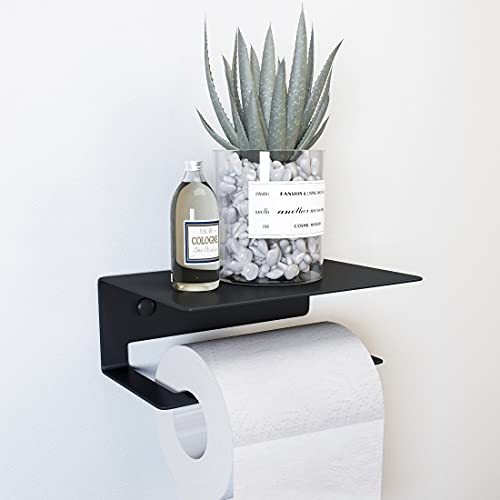 EMKE Toilettenpapierhalter, Papierrollenhalter mit Ablage Edelstahl Wandhalter ohne Bohren Selbstklebend 16x11,1x6 cm Klopapierhalter Wandmontage Schwarz
