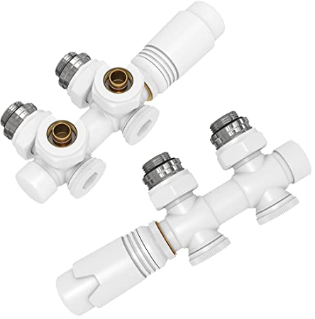 EMKE Multiblock Heizkörper Mittelanschluss, Hahnblock Heizkörper Ventil Eck- und Durchgangsform 50mm, Heizkörperventil mit thermostat für Badheizkörper Weiß (φ16mm * G1/2, 2 Stück)