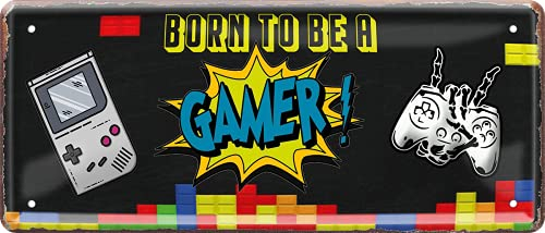 schilderkreis24 – Blechschild Lustiger Gaming Spruch “Born to be a Gamer“ Deko Spieler PC Konsole Game Computer Vintage Retro Metallschild Geschenkidee Geburtstag Weihnachten Konsolenspieler 28x12 cm