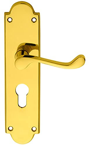 PAIR Victorian Scroll Lever on Euro Lock Backplate - 205 x 49mm - Polished Brass | Traditional Lever on Backplate Door Handle - Internal Door Hardware - Lock, Euro, Oval and Latch Options Available