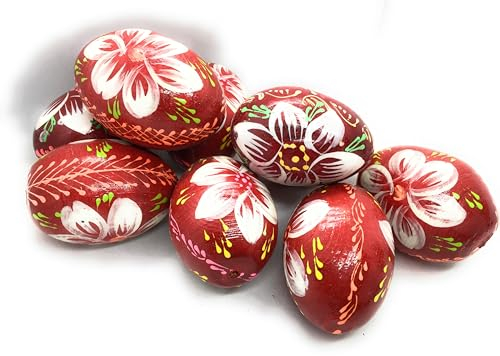 Ukrainisches Kunsthandwer® 12 Holz Ostereier Handbemalt Ink. Aufhänger für draußen Handarbeit aus der Ukraine (rot/Weiß)