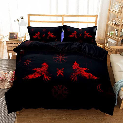 RFFLUX Wikinger Bettwäsche 155x220 cm 3teilig mit Reißverschluss 3D Wikinger Krähe Bettwäsche Sets Warme Winter Sommer Weich und Angenehme Bettbezüge mit 2 Kissenbezug 80x80 cm für Teenager