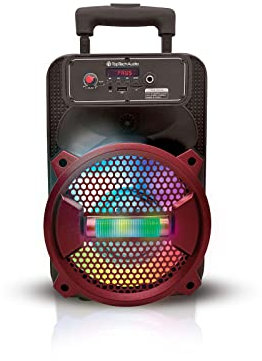 Top Tech Audio Rock-8 1500W Portable Bluetooth Speaker, 8-Inch Woofer, LED Lights, Rechargeable Battery, Wireless Streaming, USB, TF Card & AUX Input, FM Radio, Karaoke Microphone Included, Red