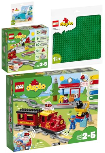 Lego Duplo 10874 Le Train à Vapeur, 10882 Les Rails du Train, 10980 La Plaque de Construction Verte & 30648 Baleine