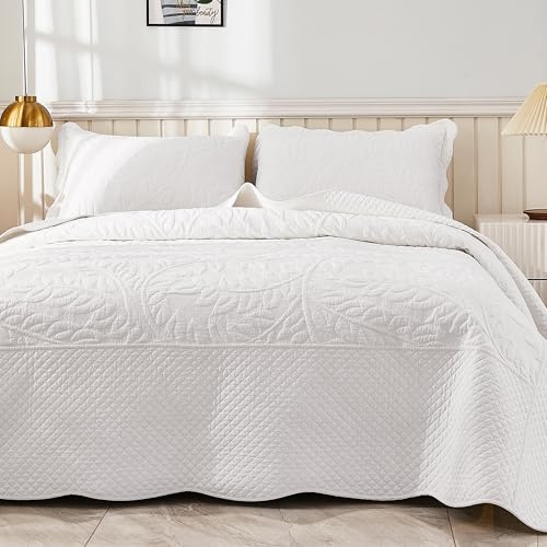 MarCielo 3-Piece 100% Cotton Oversized Bedspread Lightweight Quilt Coverlet Embroidery Farmhouse Bedding Set T0 (Bright White, Oversized King (118x106))
